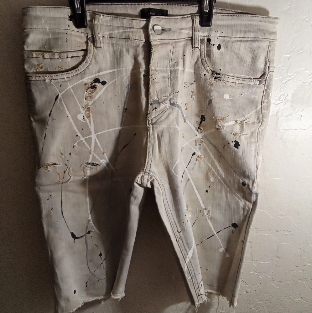 Custom Distressed Mens White Sz (32 Waist)w/ Paint Splatter Denim Shorts